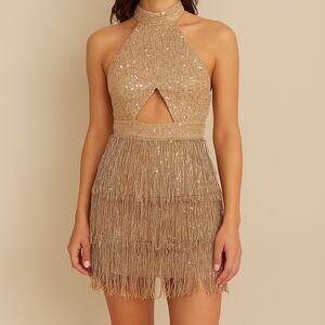 Sequinned Halter Neck Cut Out Fringe Mini Bodycon Dress Women's Beige Boho Glam